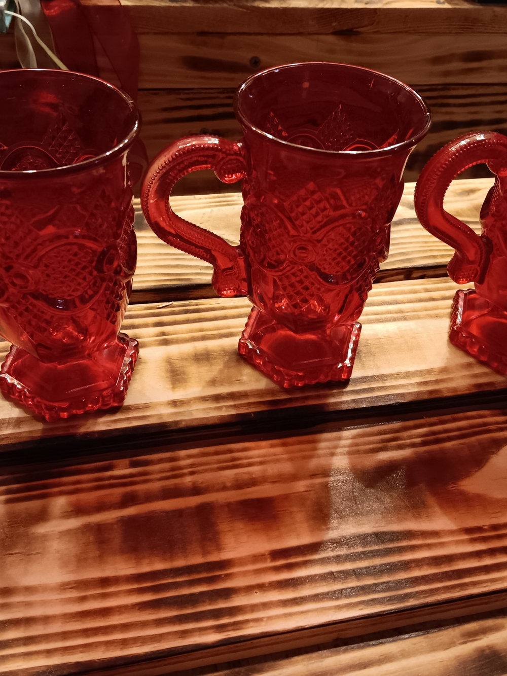 Red Vintage-Style Pressed Glass Mugs - Set of 3